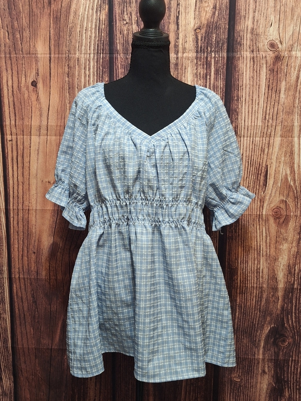 Suzanne Betro Light Blue Plaid V-Neck Smocked-Waist Tunic Size 1X